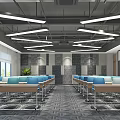 Modern Spacious Conference Room With Projection Screen Blue Chairs Green Plant And Large Windows