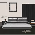 Modern Double Bed with Gray Headboard White Bedding Pillows and Wall Art in Minimalist Bedroom