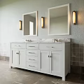 Modern Bathroom Vanity Featuring Double Mirrors Wall Sconces Marble Countertop And White Cabinets