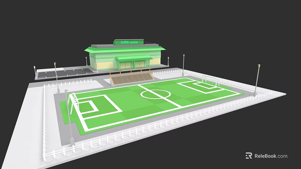 Recreational Landscape Design With Football Field Green Turf And White Boundaries 3d model 