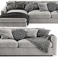 Light Gray Fabric Sectional Sofa with Multiple Striped and Patterned Pillows and Soft Throw Blanket 3d model