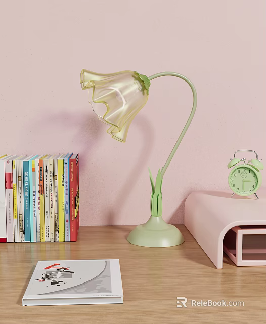 Transparent Petal Shaped Table Lamp With Green Stem Base And Books Alarm Clock On Desk 3d model 