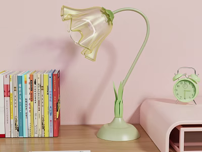 Transparent Petal Shaped Table Lamp With Green Stem Base And Books Alarm Clock On Desk 3d model