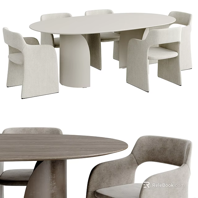 Modern Round Wooden Dining Table Set With Upholstered Neutral Dining Chairs 3d model 