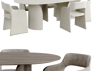 Modern Round Wooden Dining Table Set With Upholstered Neutral Dining Chairs 3d model