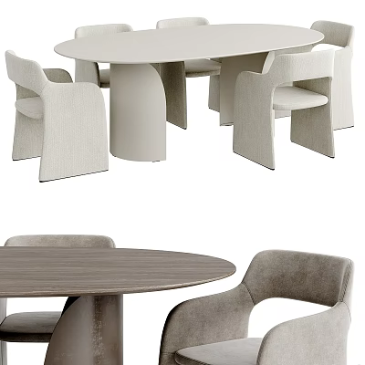 Modern Round Wooden Dining Table Set With Upholstered Neutral Dining Chairs 3d model