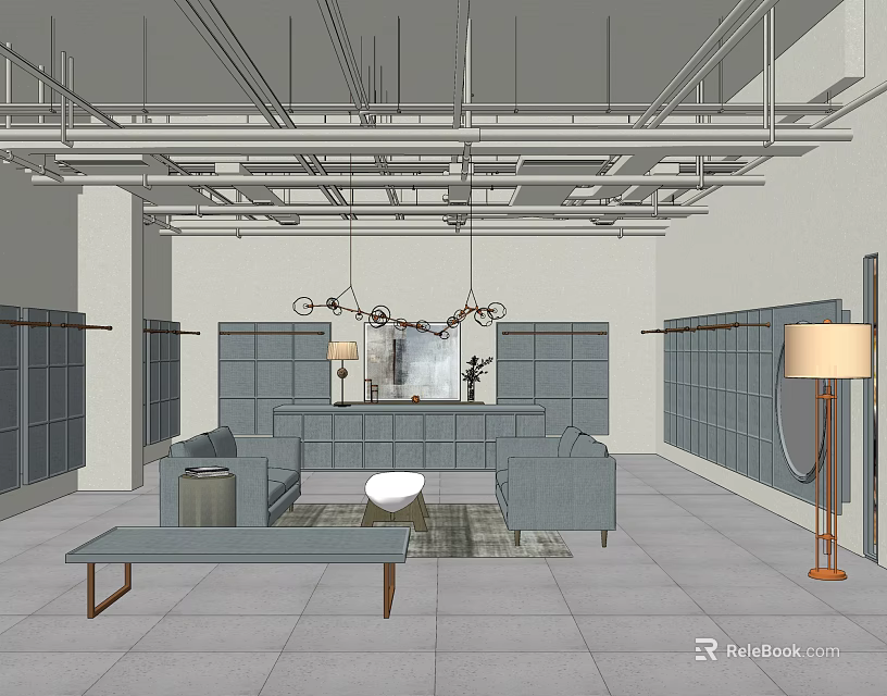 Clothing Store Interior With Gray Sofas White Round Coffee Table Clothing Racks And Chandeliers 3d model 