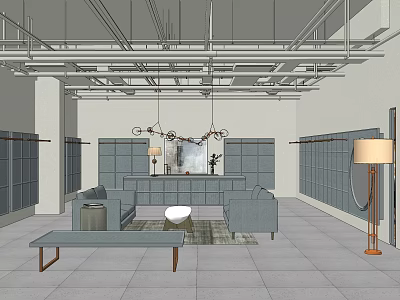 Clothing Store Interior With Gray Sofas White Round Coffee Table Clothing Racks And Chandeliers 3d model