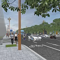Urban Road Facilities With Vehicles Pedestrians Sidewalks Street Lighting Trees And Soccer Field