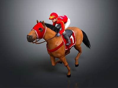 Game Movie Character Jockey Riding Brown Horse With Red Outfit Helmet And Number 1 Saddle 3d model