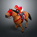 Game Movie Character Jockey Riding Brown Horse With Red Outfit Helmet And Number 1 Saddle
