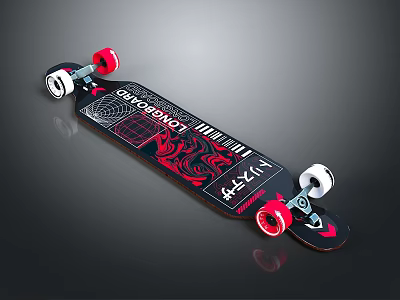 Stylish Longboard Design With Red Wheels And Black Red Deckdriver Graphics 3d model