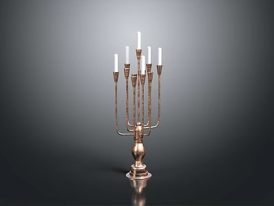 Brass Candelabra With Multiple Arms And White Candles On Black Surface 3d model