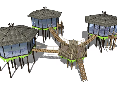 Stilt Supported Hexagonal Thatched Roof Structures With Wooden Walkways And Green Bases 3d model