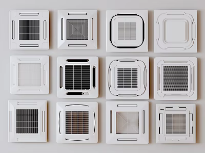 Different White Square Air Conditioner Fans Featuring Various Grille Designs for Home Use 3d model