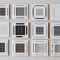 Different White Square Air Conditioner Fans Featuring Various Grille Designs for Home Use