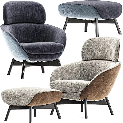 Modern Fabric Lounge Chairs In Navy Blue Gray Brown With Armrests Ottoman And Black Legs 3d model