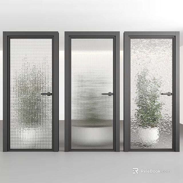 Modern Three Hinged Doors With Black Frames Different Glass Textures And Plants 3d model