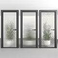 Modern Three Hinged Doors With Black Frames Different Glass Textures And Plants 3d model
