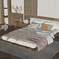 Hotel Guest Room Wooden Headboard Cozy Bed Multiple Pillows Blanket Herringbone Rug Window Chair