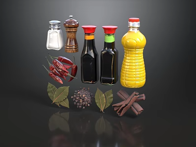 Assorted Spice Bottles with Red Chili Peppers Bay Leaves and Cinnamon Sticks 3d model