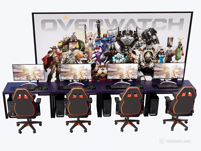 Gaming Desk and Chair Setup With Multiple Monitors Overwatch Poster Backdrop 3d model 