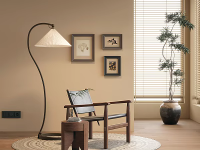 Cozy Accent Chair Setup With Round Rug Floor Lamp Framed Artworks And Potted Plant 3d model