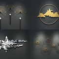 Modern Wall Decor with Fan Shaped Designs Golden Mountain Patterns and Circular Frames 3d model