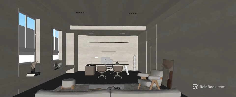 Modern Office Interior Design With Desk Chairs Sofa And Ceiling Lamp 3d model