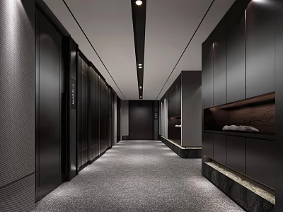 Modern Office Corridor With Sleek Walls Recessed Lighting And Gray Carpet 3d model