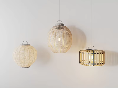 Three Natural Woven Pendant Lights With Different Shapes Hanging On White Background 3d model