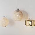 Three Natural Woven Pendant Lights With Different Shapes Hanging On White Background