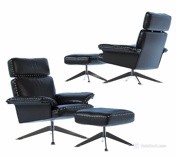 Stylish Black Leisure Chair with Rivet Detailing and Matching Ottoman on Metal Spider Leg Base 3d model 
