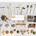 Traditional Farming Tools Collection With Hoes Rakes Carts Baskets Pottery And Stone Mills