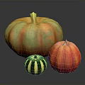 Large Orange Green Striped Small Green White Medium Orange Red Pumpkins On Dark Reflective Surface