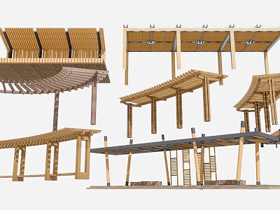 Wooden Pergola Designs With Various Roof Structures And Support Columns 3d model