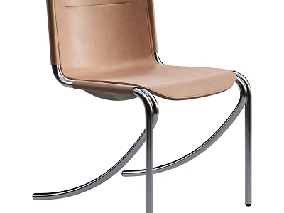 Modern Tan Leather Upholstered Armless Dining Chair With Sleek Polished Chrome Metal Frame 3d model