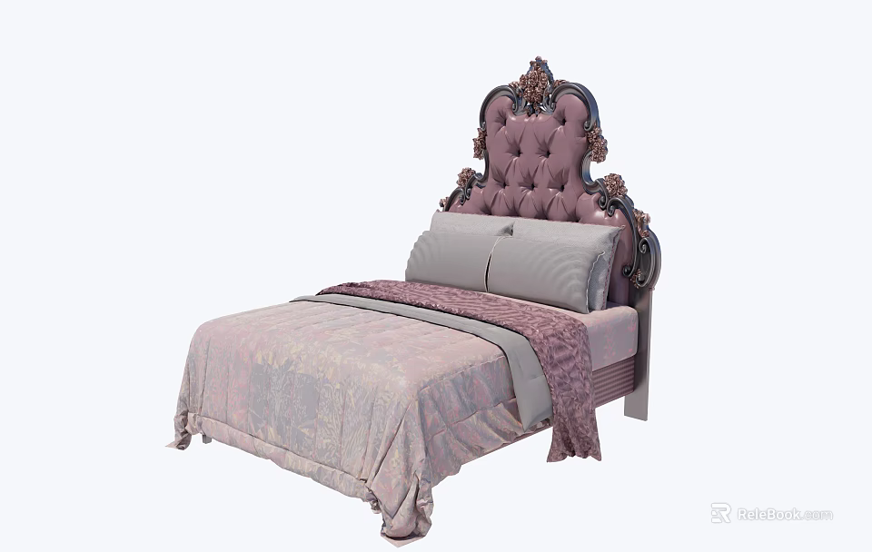 Elegant European Style Double Bed With Carved Tufted Headboard And Purple Bedding 3d model 