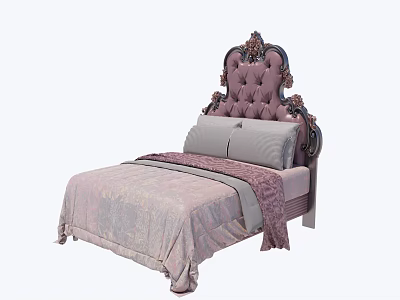 Elegant European Style Double Bed With Carved Tufted Headboard And Purple Bedding 3d model