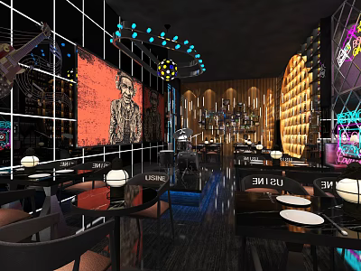 Modern Bar Interior Design With Neon Lights Decorative Art Bar Counter And Tables Chairs 3d model