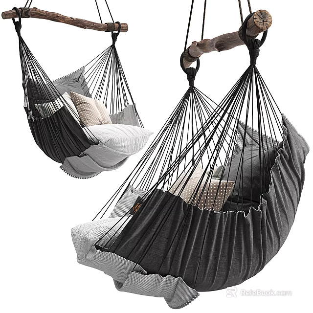 Cozy Modern Hammock Chair With Woven Black Gray Fabric And Soft Plush Pillows 3d model 