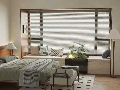 Cozy Bay Window With Wooden Blinds Decorative Pillows And Potted Plant In Bedroom 3d model