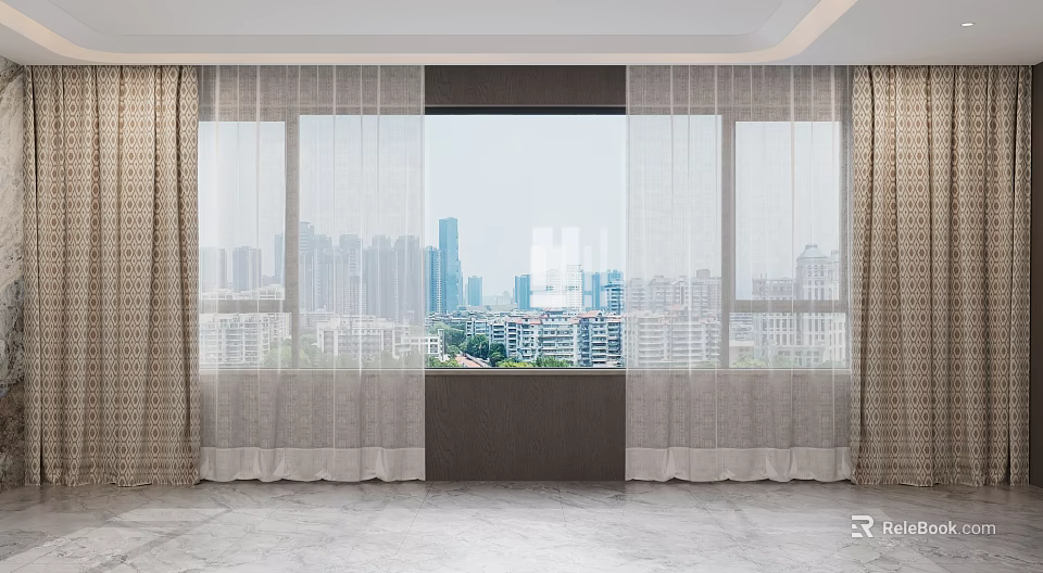 Elegant Light Filtering Sheer Curtains For Window With City Skyline View 3d model
