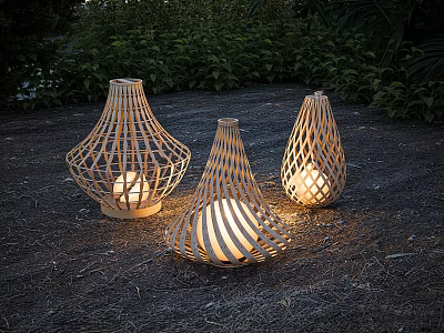 Woven Bamboo Cone Shaped Floor Lamps With Warm Light In Outdoor Garden 3d model