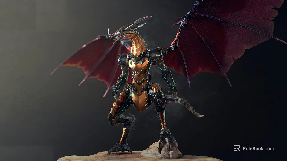 Mechanical Dragon Game and Movie Character With Red Wings Metallic Armor Standing on Rock 3d model 