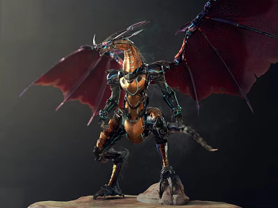 Mechanical Dragon Game and Movie Character With Red Wings Metallic Armor Standing on Rock 3d model