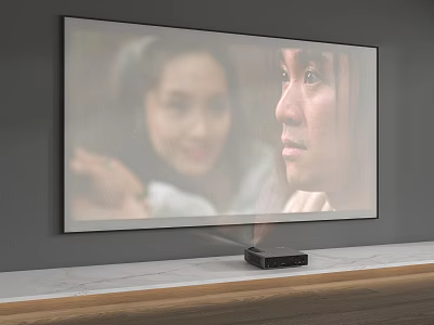 Projection Monitoring Wall Mounted Screen with Compact Projector on Wooden Shelf Displaying Human Figures Scene 3d model
