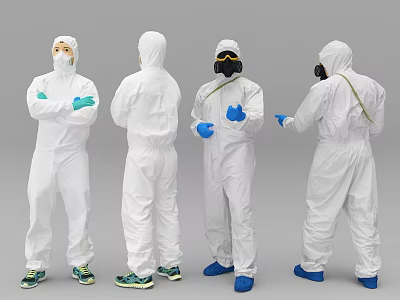 People in White Protective Suits with Blue Gloves and Safety Goggles 3d model