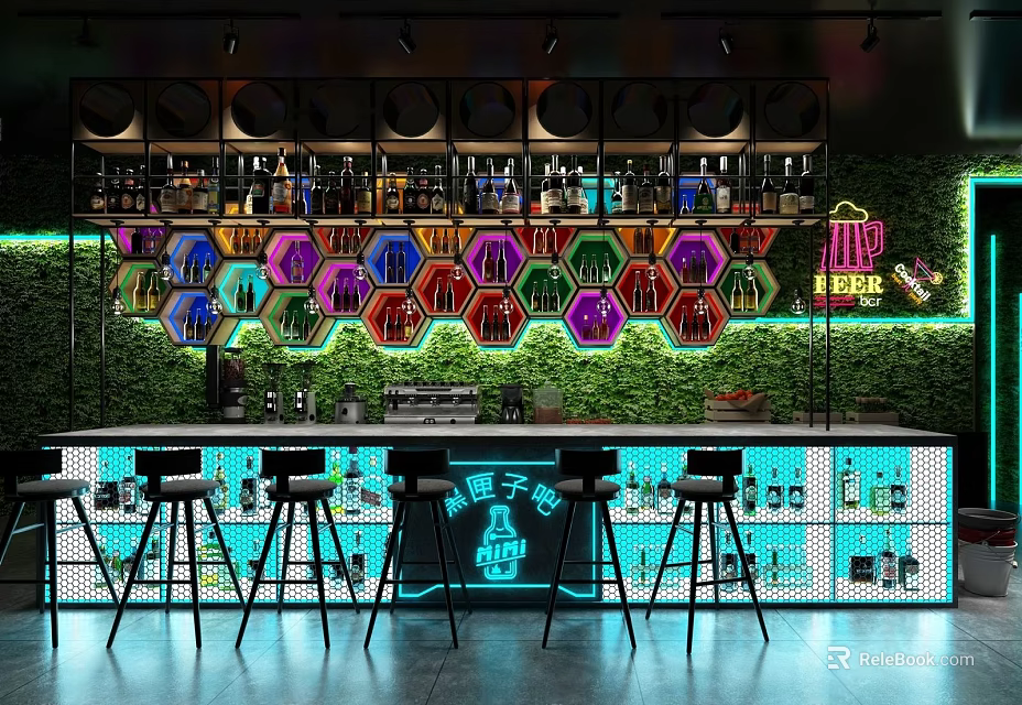 Stylish Bar Interior Design With Colorful Hexagon Decor Neon Lights Bar Counter And Stools 3d model 