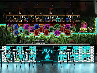 Stylish Bar Interior Design With Colorful Hexagon Decor Neon Lights Bar Counter And Stools 3d model